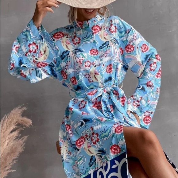 ZARA Floral Bird Tropical Belted Silky Kimono Shirt Dress/Kaftan Size XL NEW